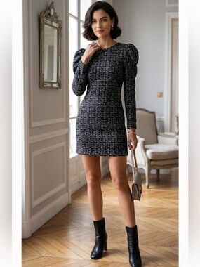 Valentine Black and White Tweed-Effect Long Sleeve Dress